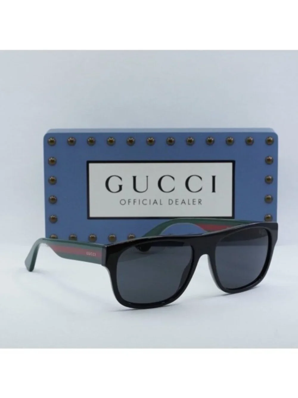 Gucci GG0341S 001 Square Sunglasses - Black and Green with Red Stripe\Grey